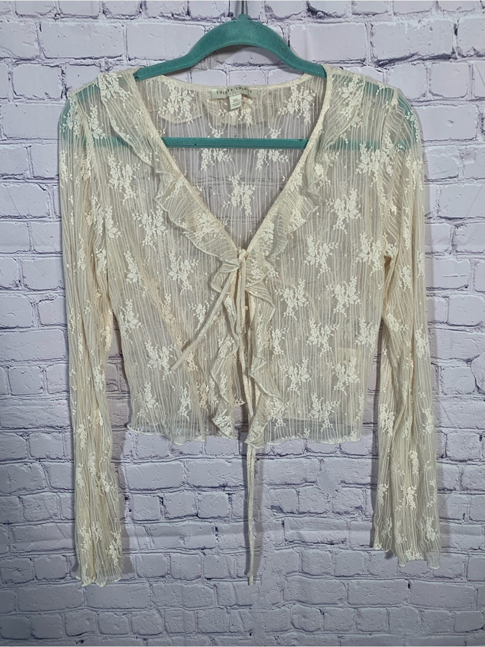 Thirty Thirty Womens Sheer Floral Lace Tie Front Ruffle Sweater XL Boho Festival